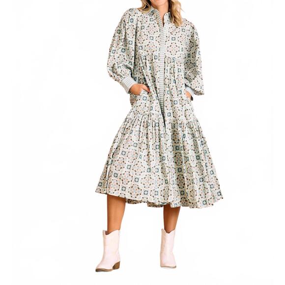 NEW BROOKS AVENUE laura long sleeve midi dress in quatrefoil blue & ivory